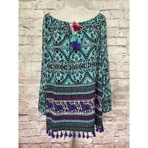 Pappagallo Colorful Boho Peasant Tunic Blouse Top Rayon Tie Neck Tassels Size M